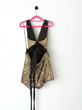 Load image into Gallery viewer, SHORT HALTER SHOWGIRL GOLD AND BLACK SEQUIN JUMPSUIT
