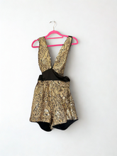 Load image into Gallery viewer, SHORT HALTER SHOWGIRL GOLD AND BLACK SEQUIN JUMPSUIT
